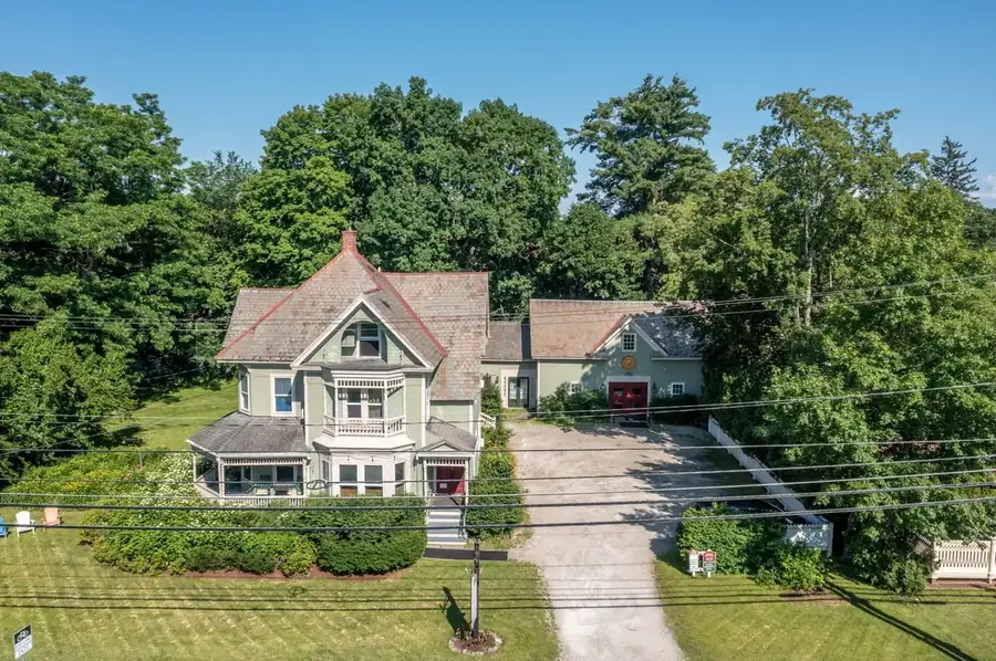 Aerial drone view of the inn exterior and surrounding Shelburne Village
