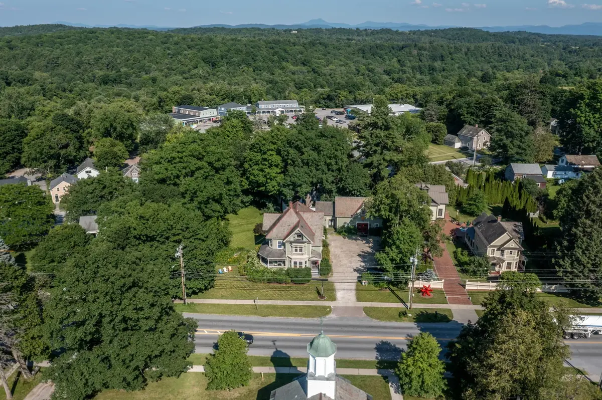 Aerial drone view showing the property set within Shelburne Village