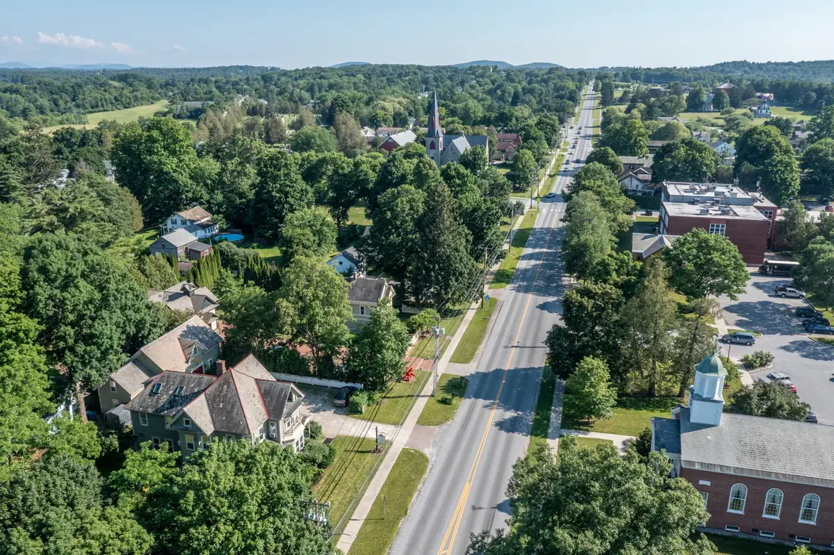 Aerial drone view of Shelburne Village, Vermont, with inn visible